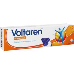 Weiße Verpackung von Voltaren Schmerzgel mit farbigem Logo und blauer Kappe.
