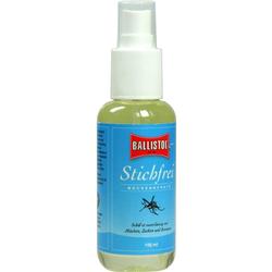 Eine blaue Sprayflasche für Mückenschutz mit der Aufschrift "Stichfrei".