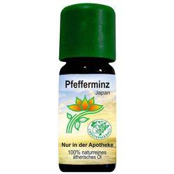 Flasche mit grünem Deckel und Etikett "Pfefferminz Japan, 100% naturreines ätherisches Öl".