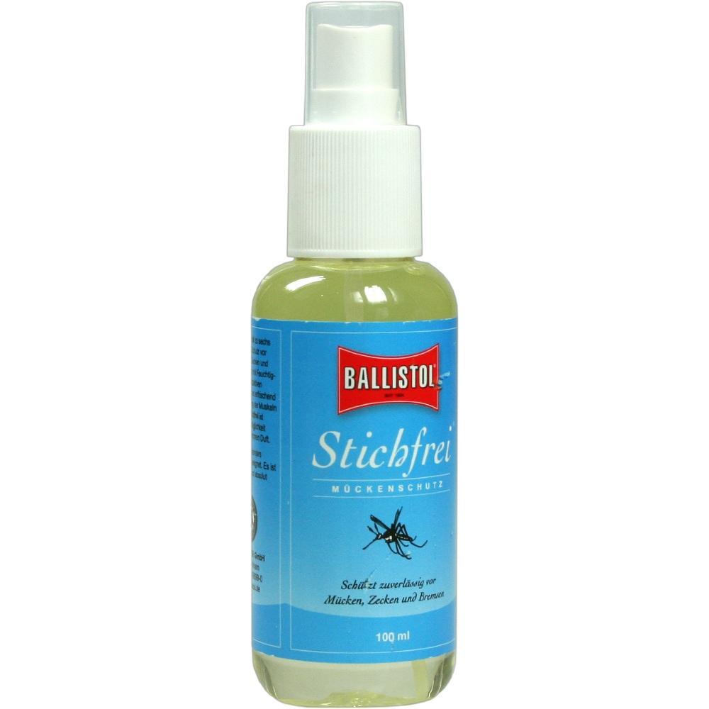 Eine blaue Sprayflasche für Mückenschutz mit der Aufschrift "Stichfrei".