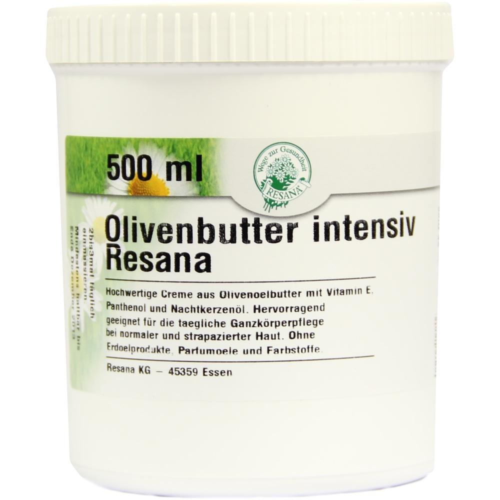 Weiße Dose mit 500 ml Olivenbutter-Creme von Resana für Hautpflege.