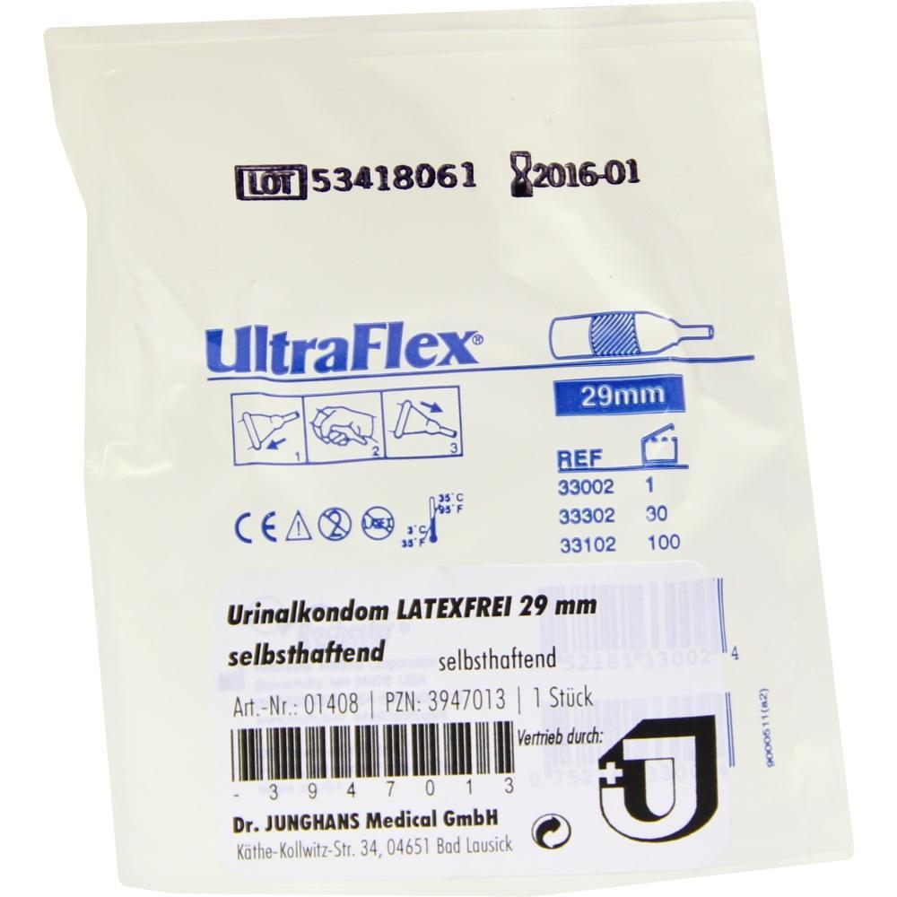 Verpackung eines latexfreien, selbsthaftenden Urinalkondoms, 29 mm Durchmesser.