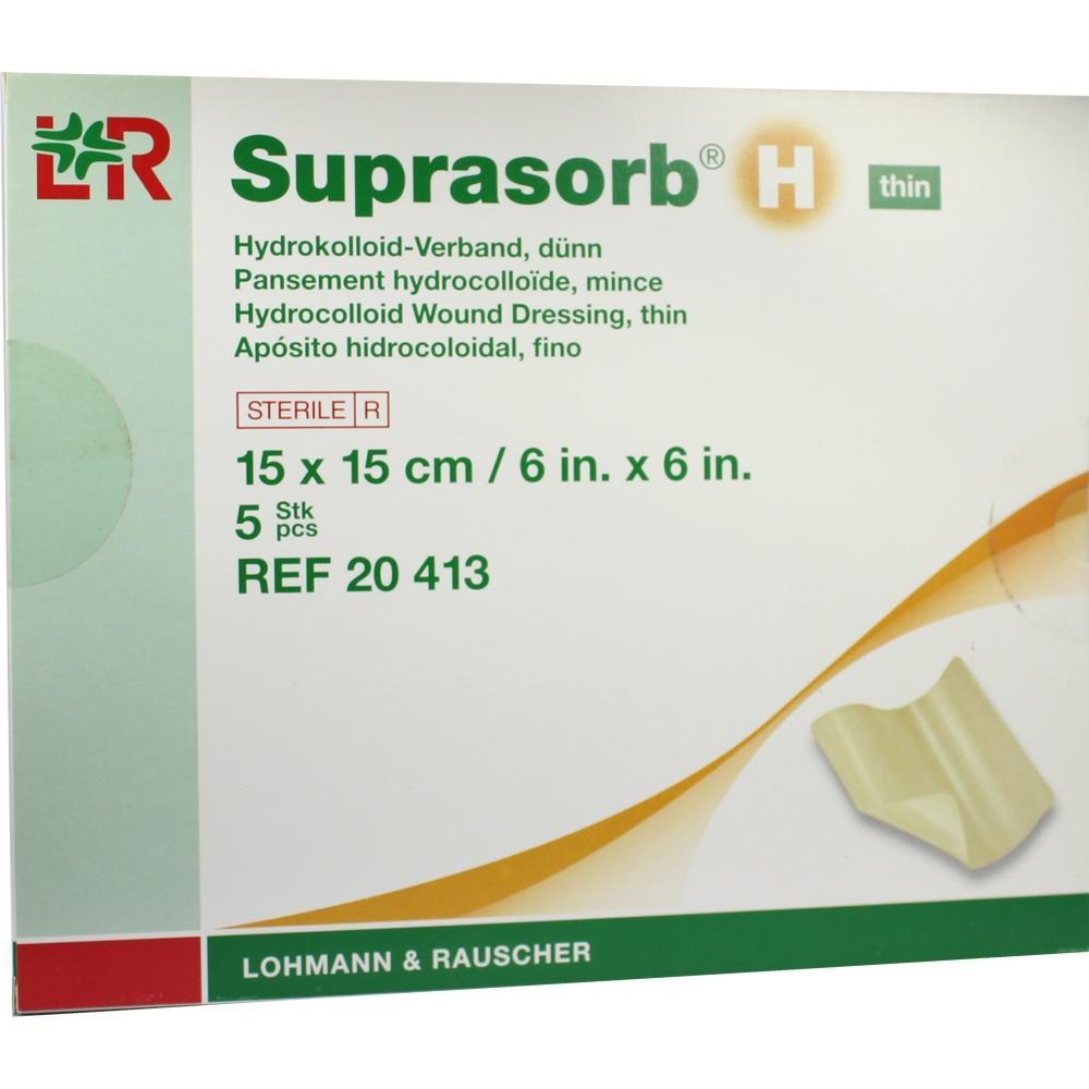 Verpackung von Suprasorb H, einem dünnen Hydrokolloid-Wundverband, 15 x 15 cm.