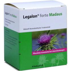 Eine grüne Verpackung von Legalon forte mit einem violetten Mariendistelbild.