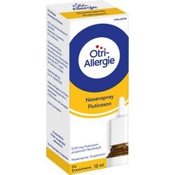 Verpackung von Nasenspray gegen Allergien, mit der Aufschrift "Otri-Allergie Fluticason".